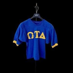 Alpha Tau Omega Vintage 80's Short Sleeve Shirt Sz Small Cropped Blue Ringer Tee